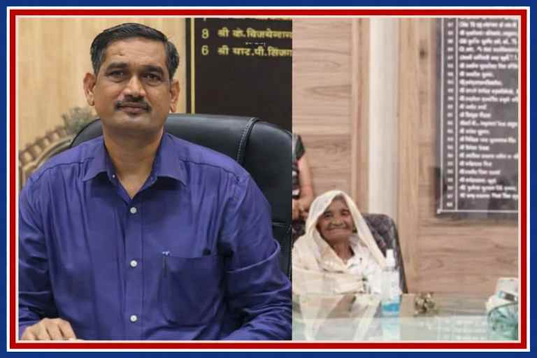 मथुरा डीएम कार्यालय में 112 वर्षीय राममूर्ति देवी वृद्धावस्था पेंशन की मांग करते हुए, सामने बैठे जिलाधिकारी चंद्र प्रकाश सिंह