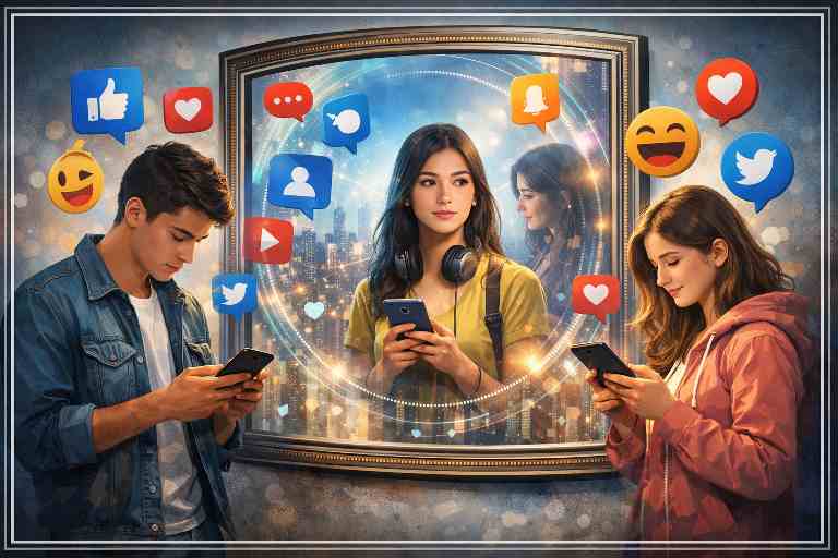 मोबाइल फोन का उपयोग करते युवा और उनके चारों ओर सोशल मीडिया आइकन, जो डिजिटल दुनिया में युवाओं की बदलती पहचान और प्रभाव को दर्शाते हैं।