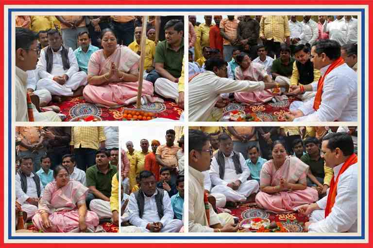 देवरिया के सलेमपुर क्षेत्र में सड़क शिलान्यास कार्यक्रम के दौरान राज्यमंत्री विजयलक्ष्मी गौतम और अन्य जनप्रतिनिधि वैदिक पूजा अनुष्ठान में शामिल