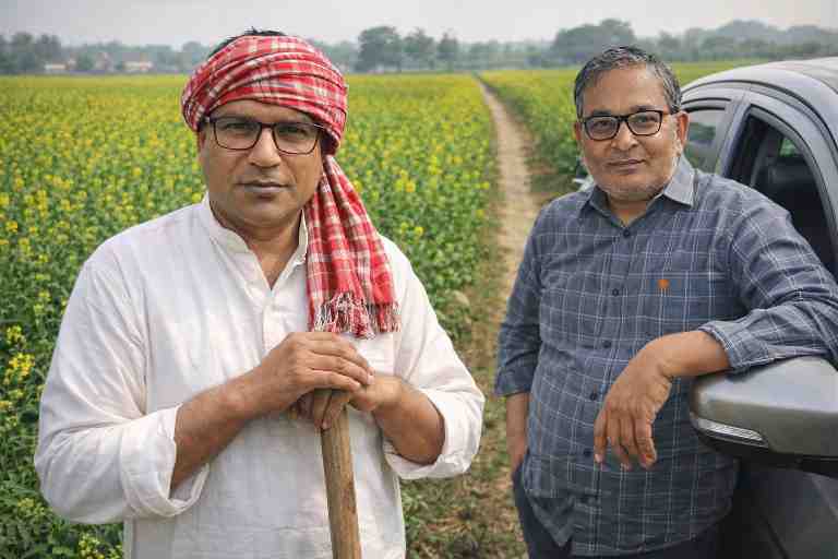 सरसों के खेत में किसान की वेशभूषा में चुन्नीलाल प्रधान और खेत की मेड़ पर कार के पास खड़े संपादक की बातचीत का दृश्य