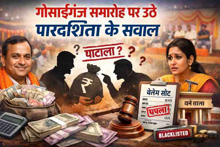 लखनऊ के गोसाईगंज में आयोजित यज्ञसेनी वैश्य समाज के समारोह में चंदे और आर्थिक पारदर्शिता को लेकर उठे विवाद को दर्शाती प्रतीकात्मक फीचर इमेज