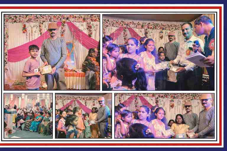 सीतापुर के शुभोत्सव गेस्ट हाउस में आयोजित यज्ञसेनी वैश्य हलवाई कल्याण समिति के होली मिलन समारोह में बच्चों को सम्मानित करते हुए अतिथि और समिति सदस्य