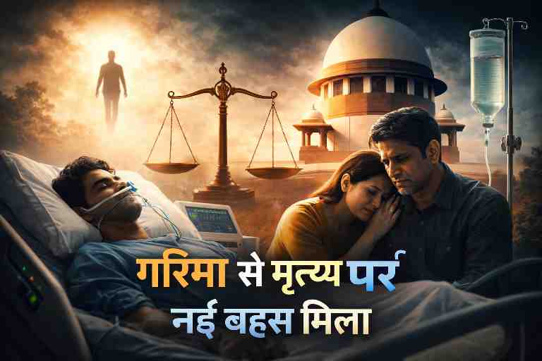 अस्पताल में जीवन रक्षक प्रणाली पर पड़े मरीज के साथ दुखी परिजन और पृष्ठभूमि में सुप्रीम कोर्ट, इच्छामृत्यु और गरिमा से मृत्यु पर बहस को दर्शाती तस्वीर