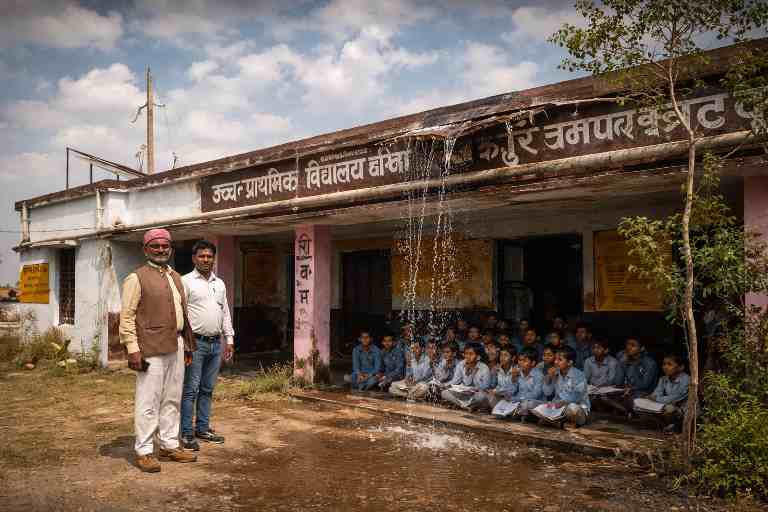 चित्रकूट के ग्रामीण क्षेत्र में जर्जर प्राथमिक विद्यालय, जहां छत से पानी टपक रहा है और बच्चे भीगी जमीन पर बैठकर पढ़ाई कर रहे हैं