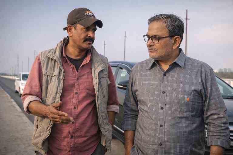 रायबरेली के ग्रामीण क्षेत्र में सड़क किनारे खड़े संपादक और ठाकुर बख्श सिंह बातचीत करते हुए, पृष्ठभूमि में वाहन और ग्रामीण परिवेश दिखाई देता है