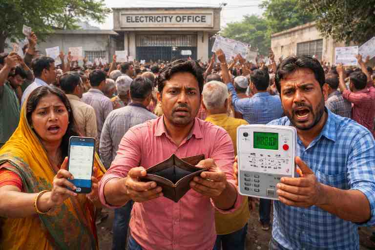 बिजली विभाग के बाहर प्रदर्शन करते उपभोक्ता, हाथ में बिल और मीटर दिखाते हुए परेशान लोग