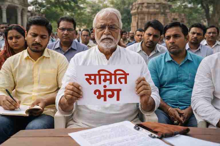 गोसाईगंज में बैठक के दौरान एक वरिष्ठ व्यक्ति "समिति भंग" लिखा कागज़ पकड़े हुए, आसपास उपस्थित सदस्य गंभीर मुद्रा में बैठे हुए