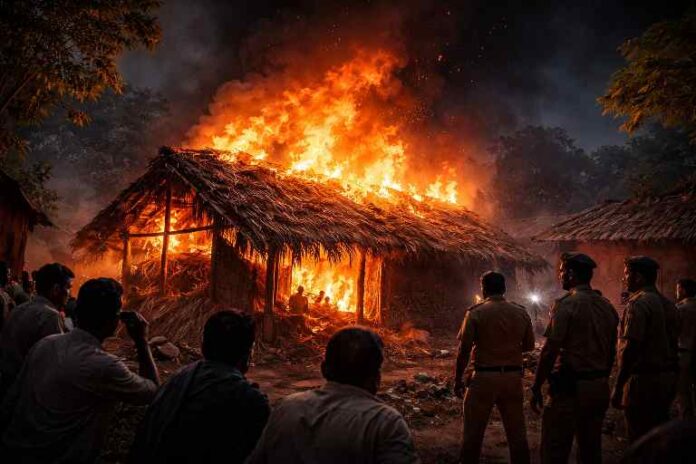 सकापुर गांव में रात के समय जलता हुआ छप्पर, आग की लपटों के बीच ग्रामीण और पुलिसकर्मी मौजूद
