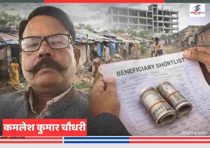 बन्थरा नगर पंचायत में पीएम आवास योजना सूची में अनियमितता दर्शाता सांकेतिक चित्र, जिसमें झुग्गी बस्ती और लाभार्थी सूची के साथ धन लेनदेन का संकेत