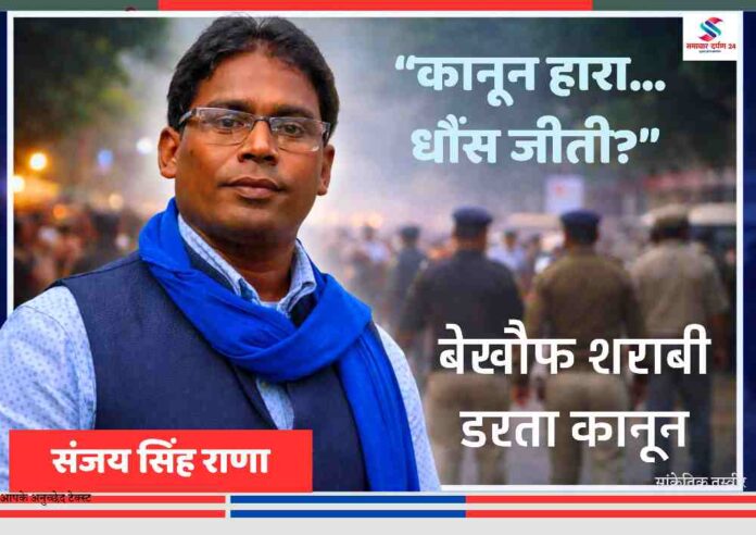 चित्रकूट सीतापुर में कानून व्यवस्था के बीच खड़े पत्रकार संजय सिंह राणा, पीछे पुलिस और भीड़ का दृश्य, शराबियों के बढ़ते आतंक का संकेत