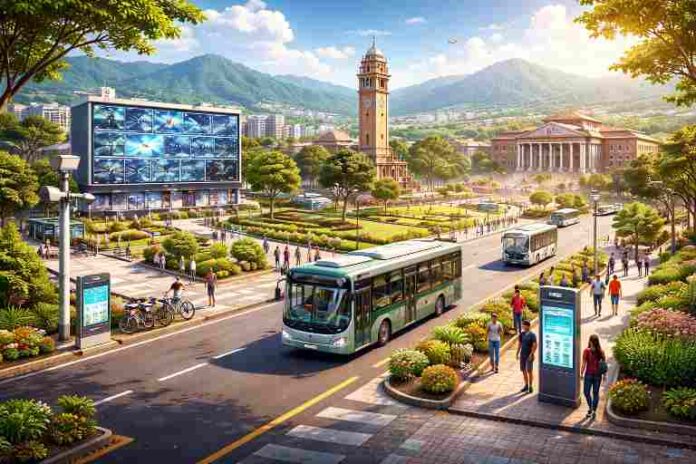 देहरादून शहर का स्मार्ट सिटी दृश्य जिसमें इलेक्ट्रिक बस, डिजिटल स्क्रीन, हरियाली और आधुनिक इंफ्रास्ट्रक्चर दिख रहा है