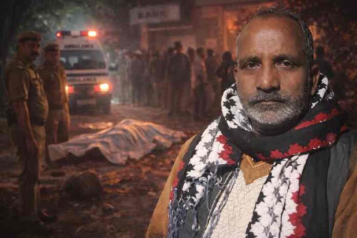 रूप नारायण चौरसिया की तस्वीर के साथ घटना स्थल का सांकेतिक दृश्य, जिसमें पुलिस और एंबुलेंस दिखाई दे रही है