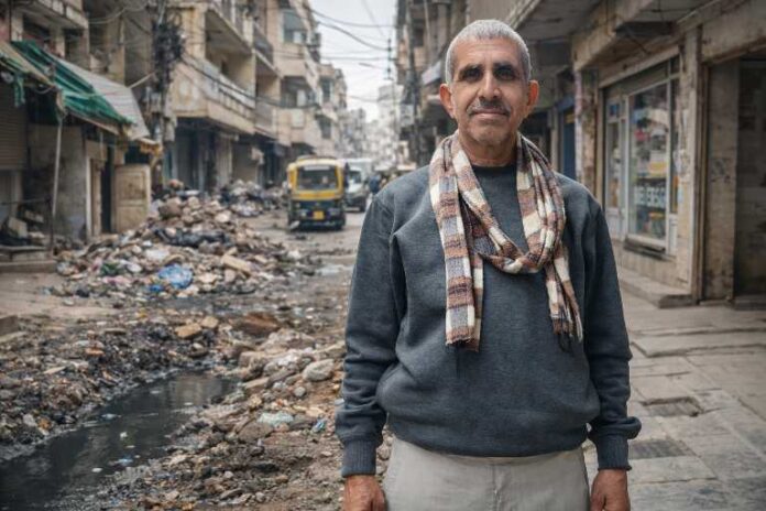 हर्केश नगर की गली में गंदगी, मलबा और जाम नाले के बीच खड़ा एक व्यक्ति, आसपास खराब शहरी व्यवस्था का दृश्य