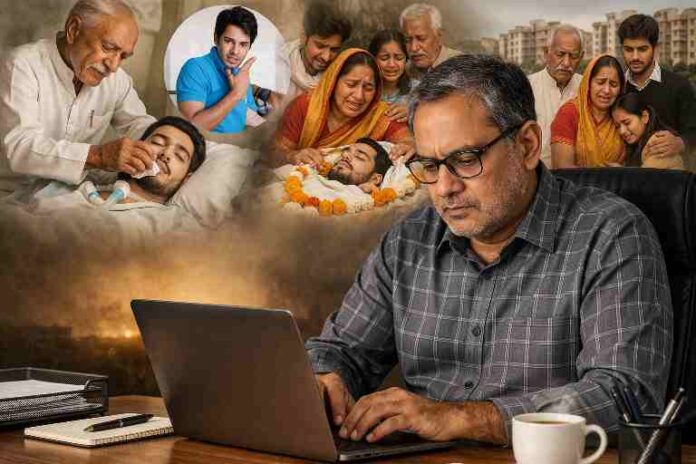 लैपटॉप पर गंभीरता से लिखते संपादक के पीछे हरीश राणा के परिवार का भावुक दृश्य और देखभाल करते पिता की तस्वीर