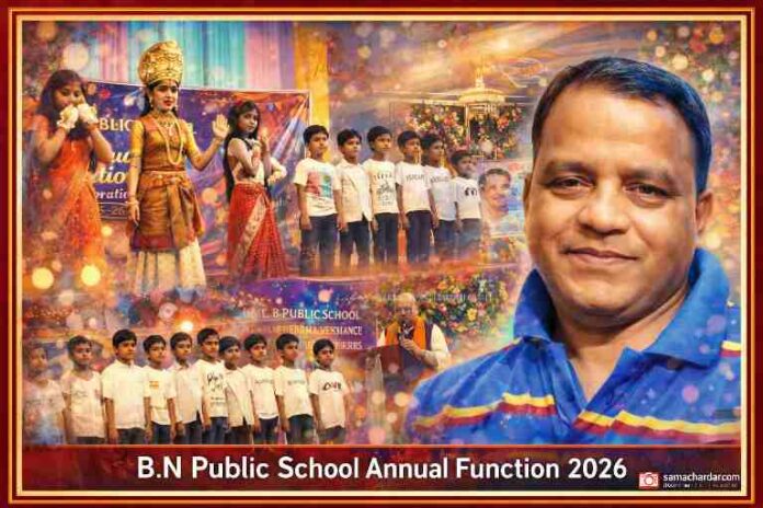 बी एन पब्लिक स्कूल के वार्षिक उत्सव में मंच पर नृत्य प्रस्तुत करते बच्चे, दर्शक और रिपोर्टर की तस्वीर के साथ तैयार किया गया कलात्मक फीचर इमेज