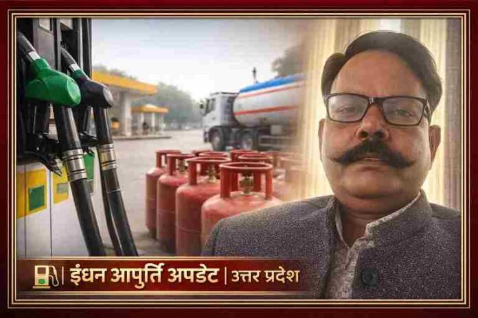 उत्तर प्रदेश में पेट्रोल पंप, एलपीजी सिलेंडर और रिपोर्टर की तस्वीर के साथ ईंधन आपूर्ति की स्थिति दर्शाती फीचर इमेज