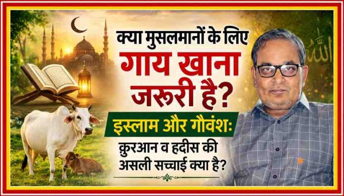 लेखक की तस्वीर के साथ इस्लाम, कुरआन, मस्जिद और गाय को दर्शाती प्रतीकात्मक फीचर इमेज