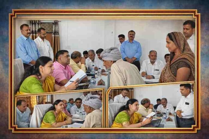 सूजसवि देवरिया द्वारा जारी तस्वीर में भाटपाररानी तहसील में डीएम दिव्या मित्तल आमजन की शिकायतें सुनते हुए