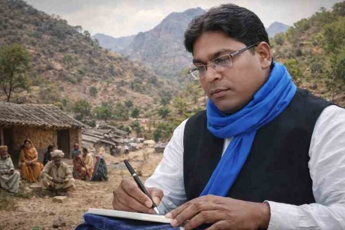 पाठा क्षेत्र की पहाड़ियों के बीच बैठे संजय सिंह राणा ग्रामीण जीवन की समस्याओं पर पत्र लिखते हुए