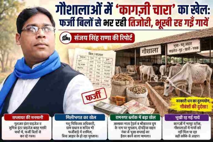 चित्रकूट की गौशालाओं में फर्जी बिल और कागजी चारा घोटाले को दर्शाती फीचर इमेज, जिसमें रिपोर्टर संजय सिंह राणा और भूखी गायों का दृश्य