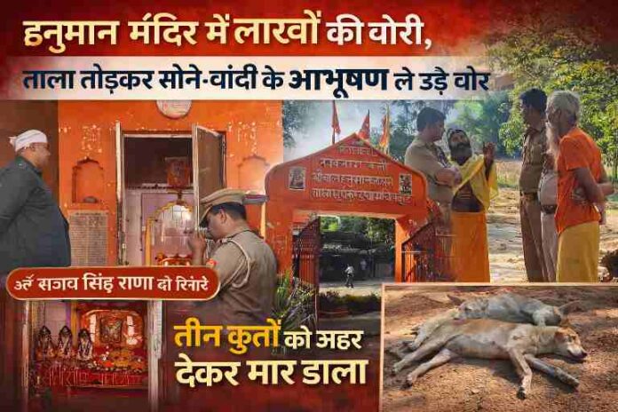 चित्रकूट के लोढ़वारा हनुमान मंदिर में चोरी के बाद जांच करती पुलिस और मंदिर परिसर का दृश्य