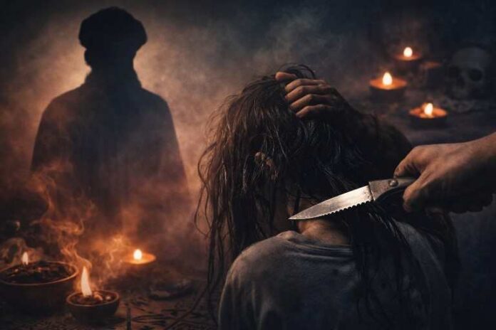 अंधविश्वास के नाम पर किशोरी के साथ दुर्व्यवहार का सांकेतिक दृश्य, जिसमें डर और हिंसा का माहौल दर्शाया गया है।