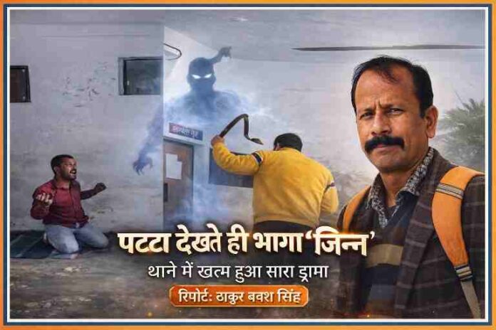 उन्नाव थाने में युवक द्वारा जिन्न आने का नाटक, पुलिस द्वारा पट्टा दिखाने पर सामान्य होता दृश्य और रिपोर्टर की तस्वीर सहित फीचर इमेज