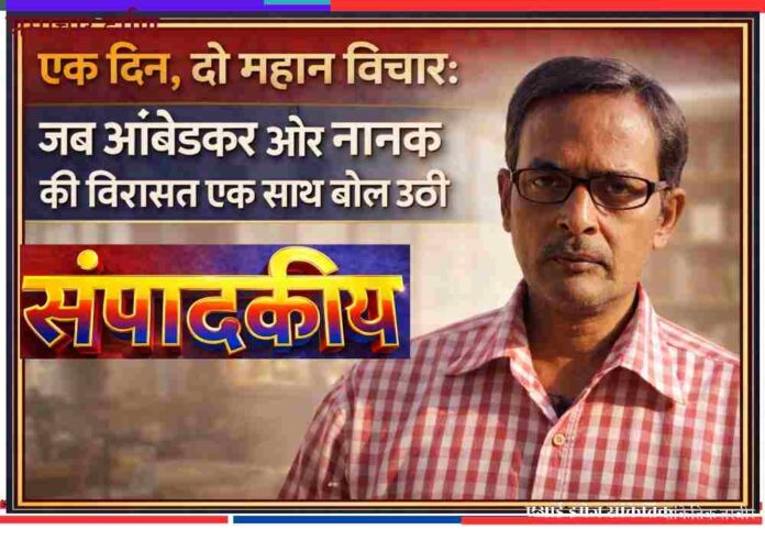 संपादकीय ग्राफिक जिसमें लेखक की तस्वीर के साथ डॉ. आंबेडकर और गुरु नानक के विचारों पर आधारित शीर्षक दर्शाया गया है