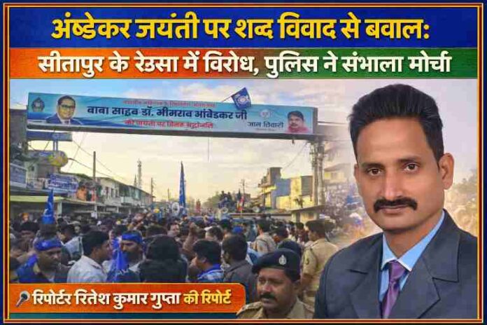 सीतापुर के रेउसा में अंबेडकर जयंती के दौरान विवाद और विरोध प्रदर्शन का दृश्य, रिपोर्टर रीतेश कुमार गुप्ता की तस्वीर सहित