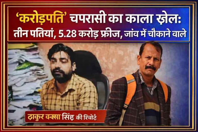 पीलीभीत में करोड़पति चपरासी इल्हाम शम्सी के गबन मामले में जांच के दौरान सामने आए खुलासों को दर्शाती फीचर इमेज, जिसमें रिपोर्टर ठाकुर बख्श सिंह और आरोपी दिखाई दे रहे हैं